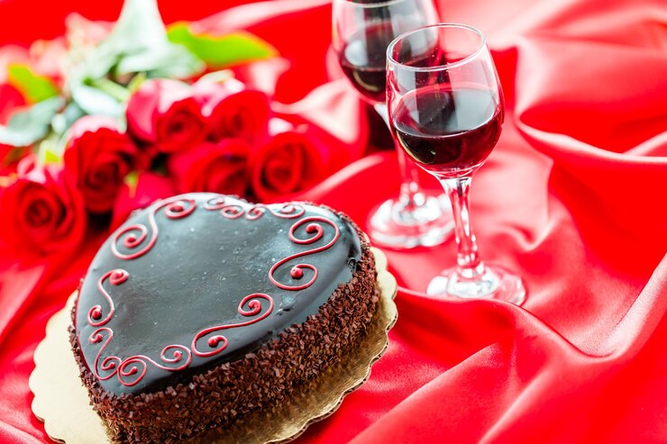 heart cake and red wine